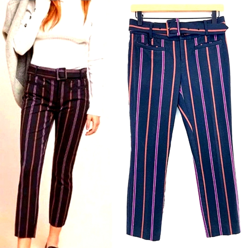 🅴 Anthropologie Black Trouser Pants, Belted, Striped Orange Purple White,